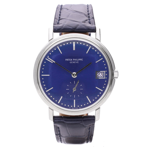 18ct white gold Patek Philippe ref. 3445 Calatrava automatic wristwatch with blue soleil dial. Made 1970