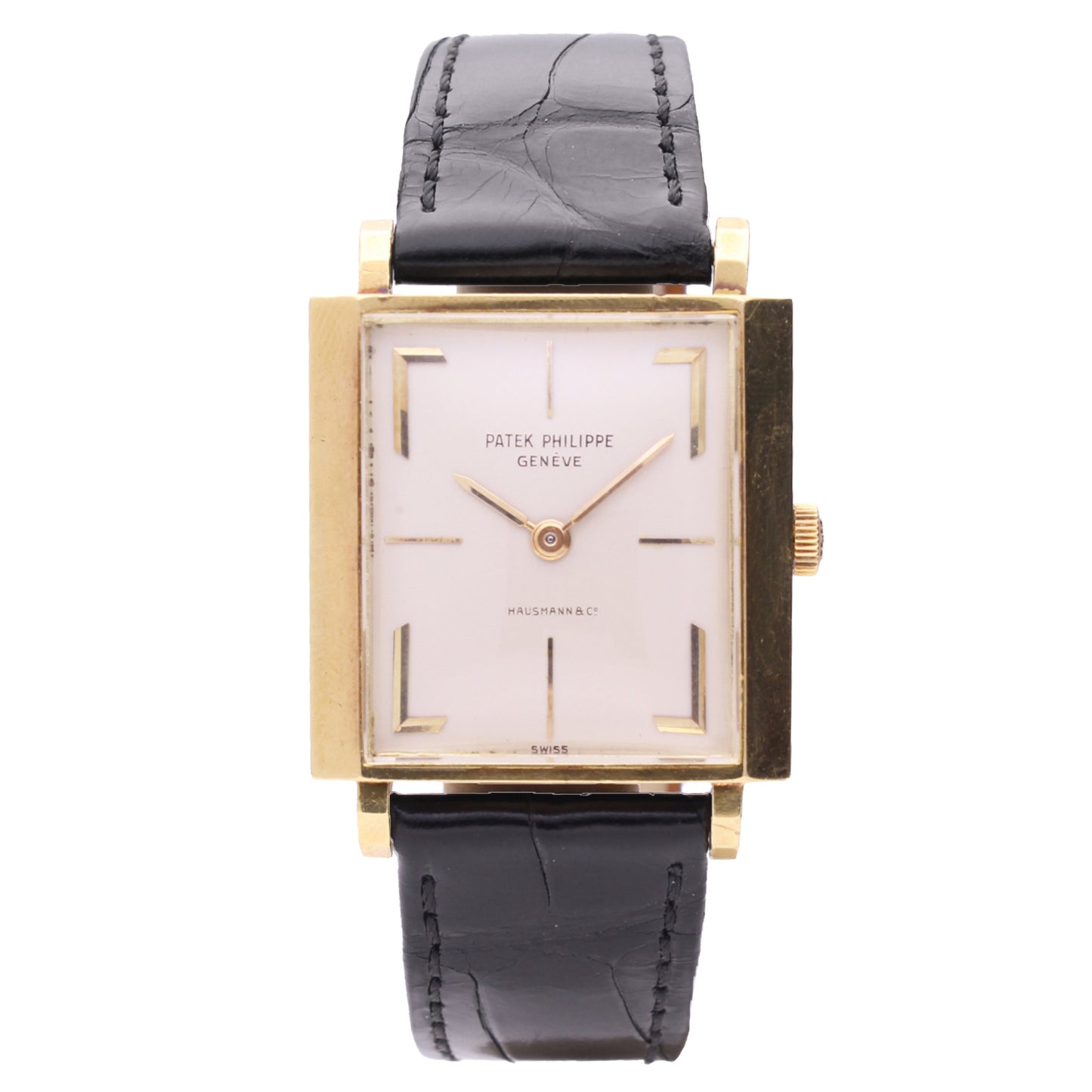 18ct yellow gold Patek Philippe square cased wristwatch, retailed by HAUSMANN & CO. Made 1964