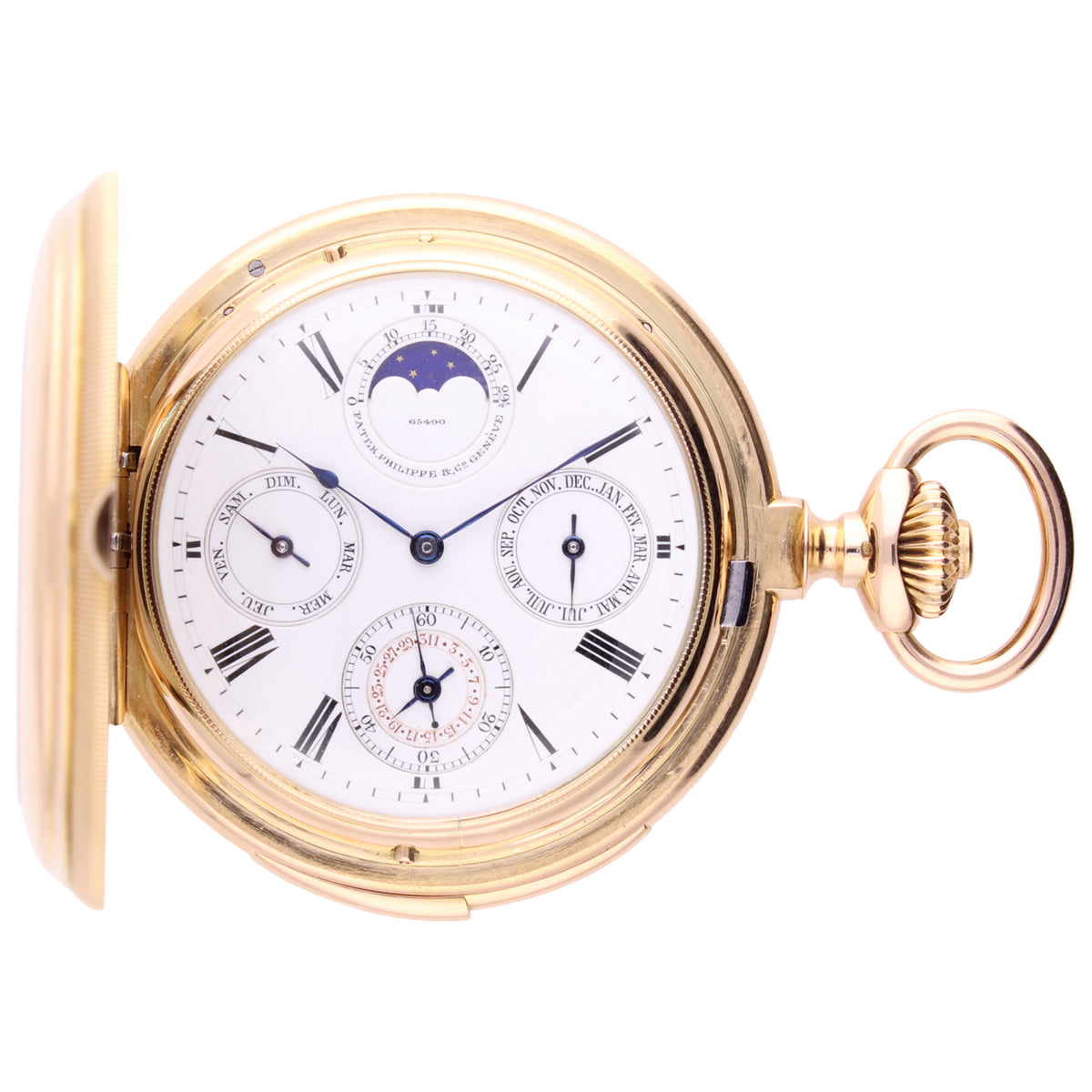 18ct rose gold Patek Philippe Minute repeating perpetual calendar chronograph pocket watch with moon phases. Made 1887
