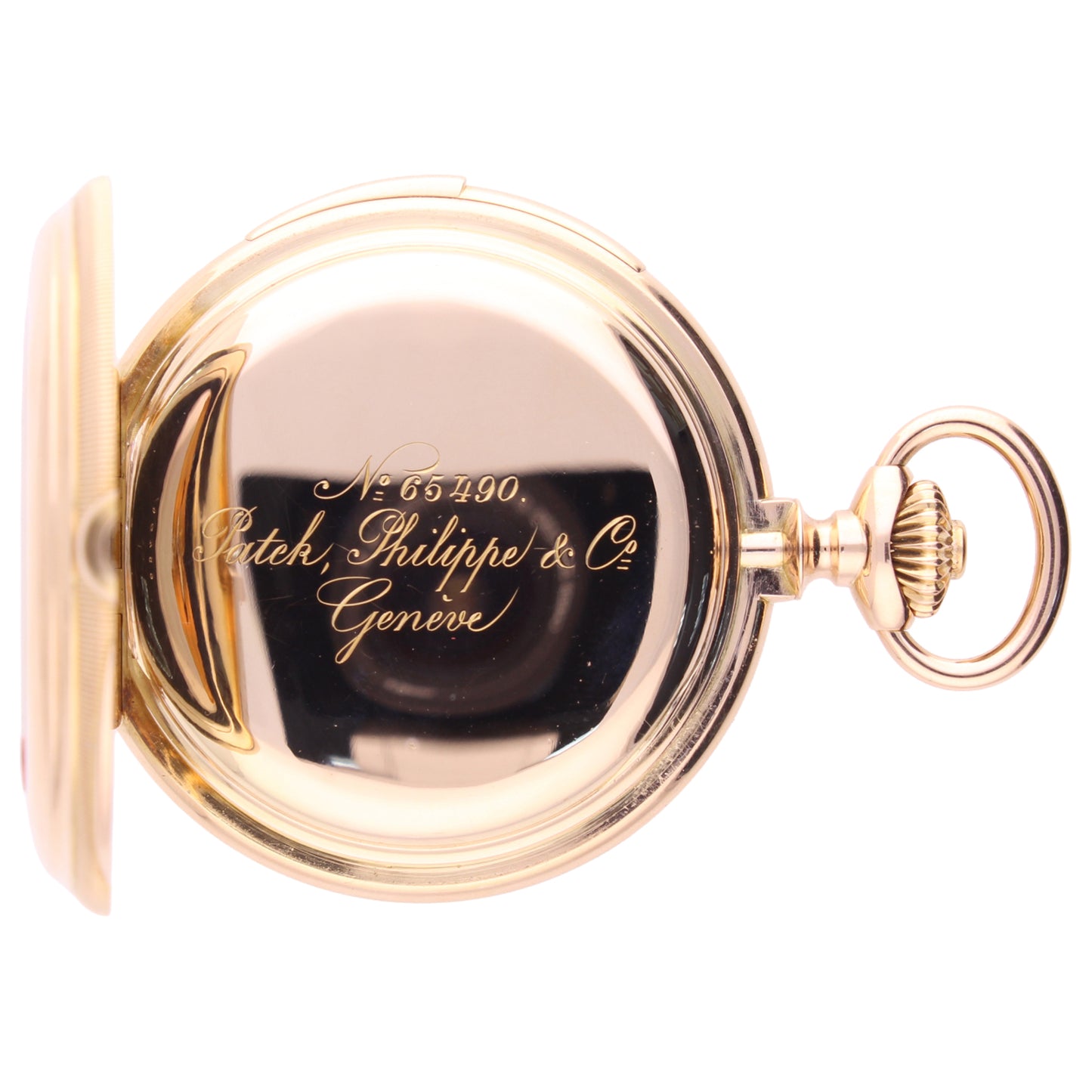 18ct rose gold Patek Philippe Minute repeating perpetual calendar chronograph pocket watch with moon phases. Made 1887
