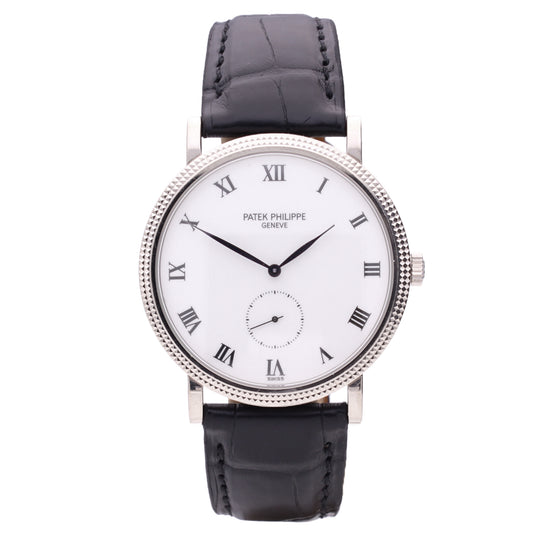 18ct white gold Patek Philippe ref. 3919 Calatrava wristwatch with Clous de Paris dial and hobnail bezel.