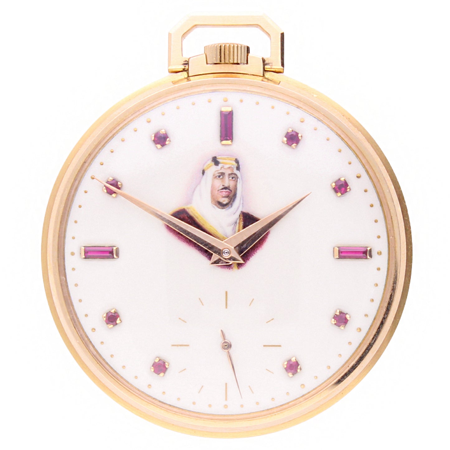 18ct rose gold Patek Philippe Open face pocket watch with enamel dial with portrait of King Ibn Saud. Made 1956