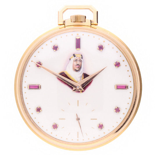 18ct rose gold Patek Philippe Open face pocket watch with enamel dial with portrait of King Ibn Saud. Made 1956