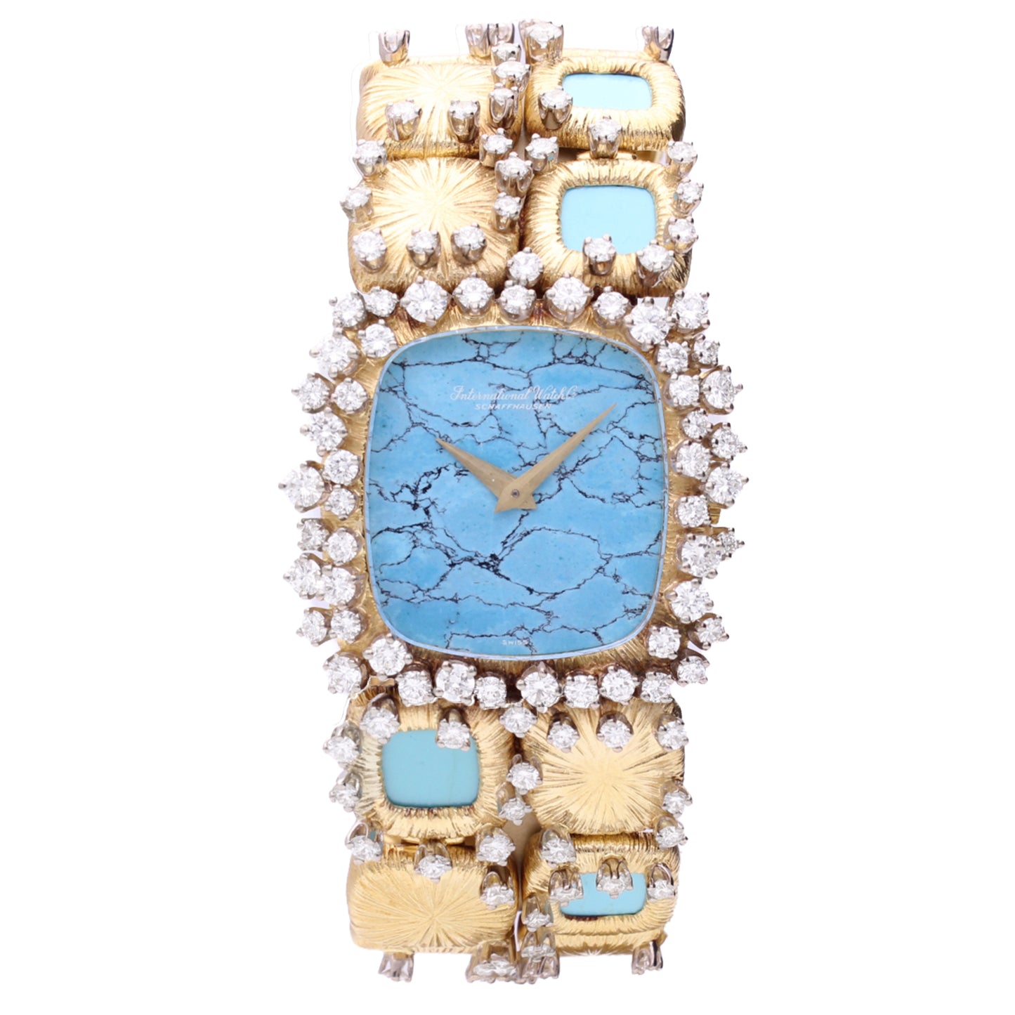 18ct yellow gold IWC diamond and turquoise set bracelet watch with turquoise dial.
