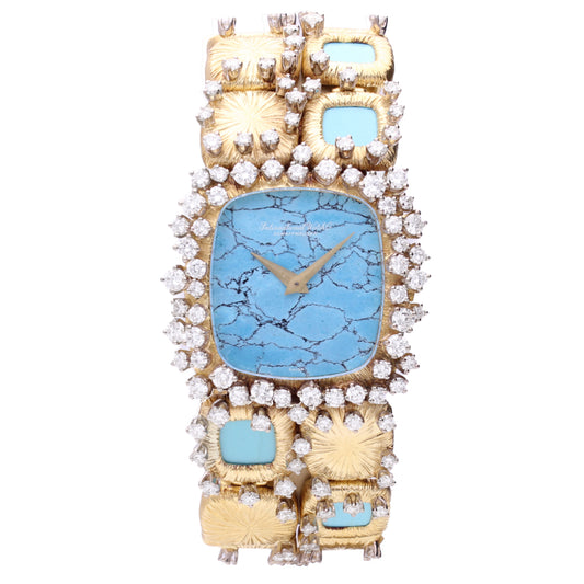 18ct yellow gold IWC ref. 378 diamond and turquoise set bracelet watch with turquoise dial. Made 1978