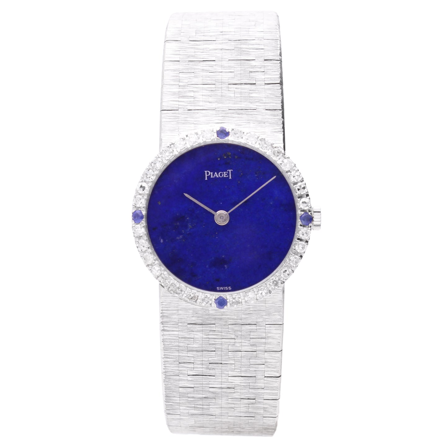 18ct white gold Piaget Bracelet watch with lapis lazuli dial and diamond set bezel with sapphire quarters. Made 1970