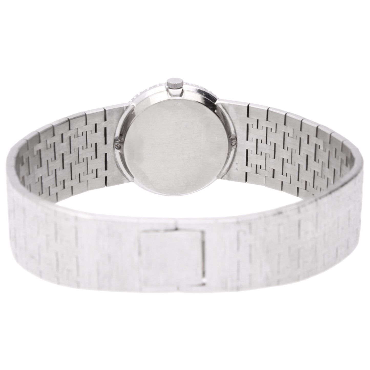 18ct white gold Piaget Bracelet watch with lapis lazuli dial and diamond set bezel with sapphire quarters. Made 1970