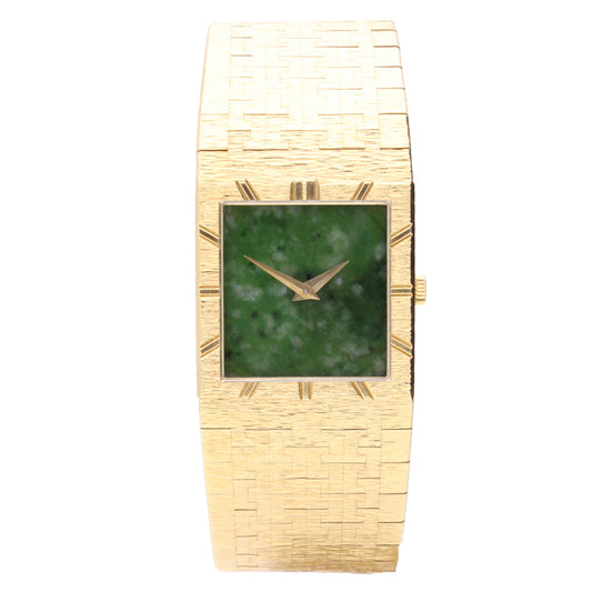 18ct yellow gold Piaget ref. 9120 Square cased bracelet watch with a jade dial. Made 1970