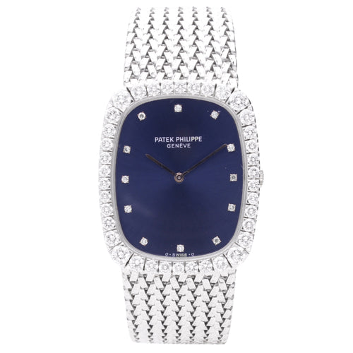 18ct white gold Patek Philippe Ellipse bracelet watch with cobalt blue dial and brilliant cut diamond set bezel. Made 1972