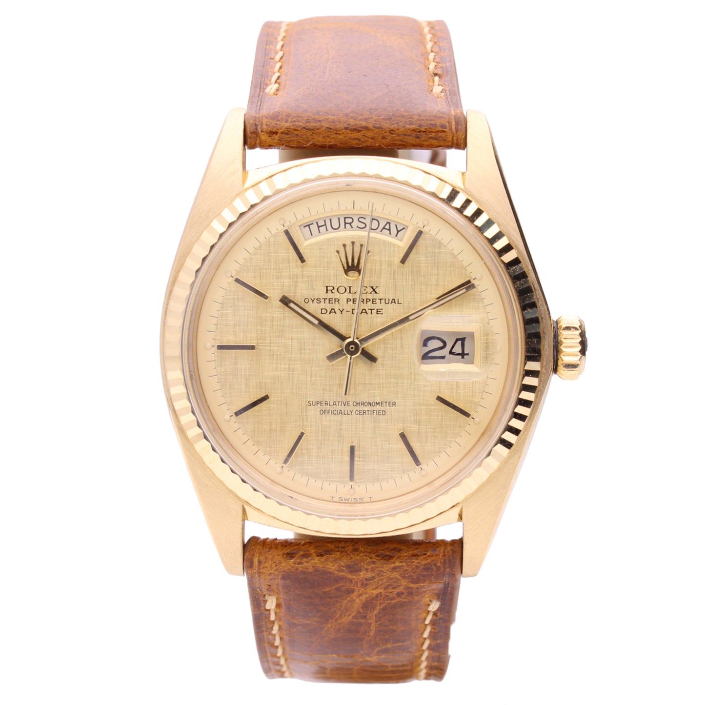 18ct yellow gold Rolex ref. 1803 Oyster Perpetual day/date wristwatch with linen dial. Made 1972