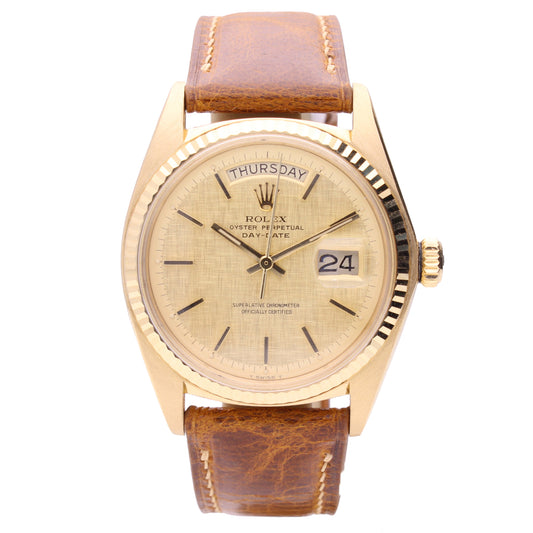 18ct yellow gold Rolex ref. 1803 Oyster Perpetual day/date wristwatch with linen dial. Made 1972