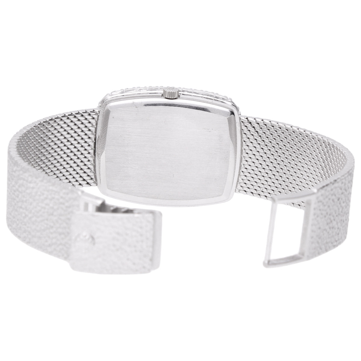 18ct white gold Patek Philippe Golden Ellipse bracelet watch with cobalt blue textured dial and diamond set bezel.