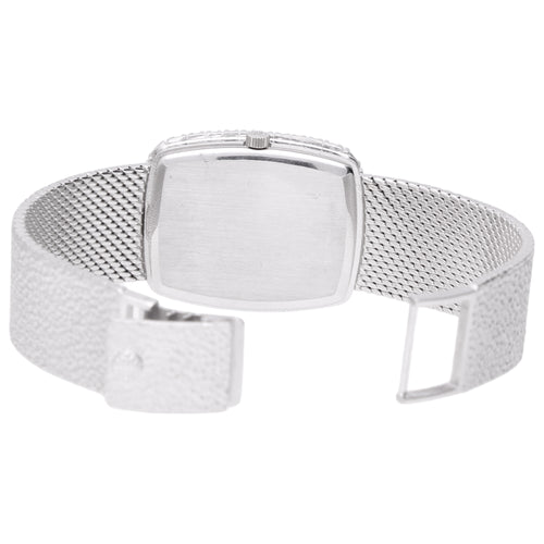 18ct white gold Patek Philippe Golden Ellipse bracelet watch with cobalt blue textured dial and diamond set bezel.