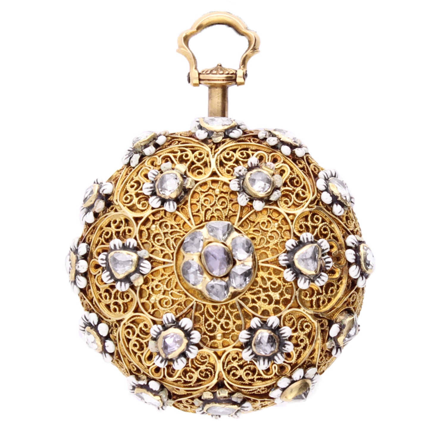Gold George Robertson verge watch with enamel and diamond set filigree case. Made 1750