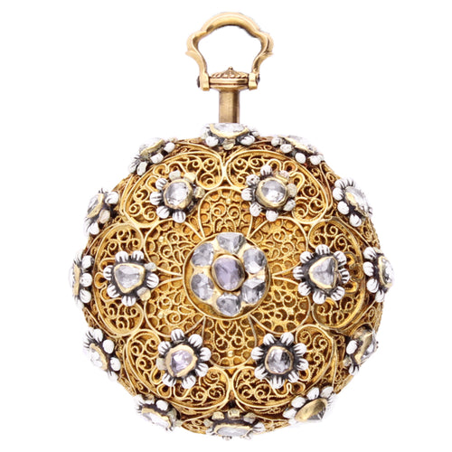 Gold George Robertson verge watch with enamel and diamond set filigree case. Made 1750