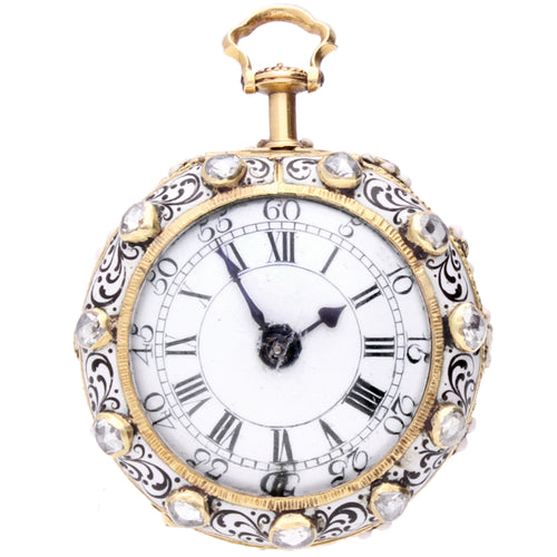 Gold George Robertson verge watch with enamel and diamond set filigree case. Made 1750
