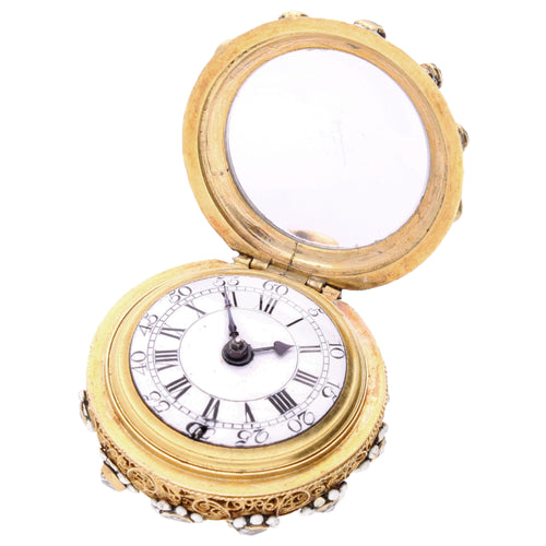 Gold George Robertson verge watch with enamel and diamond set filigree case. Made 1750