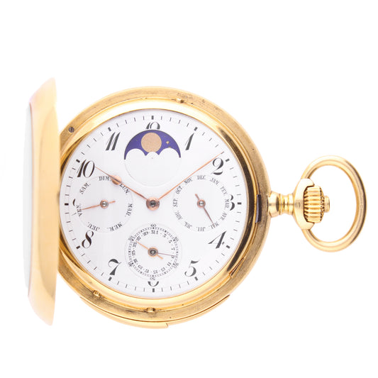 18ct yellow gold Vacheron & Constantin hunter case minute repeating, triple date calendar pocket watch with moonphases. Made 1916
