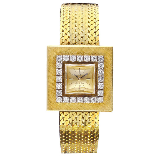 18ct yellow gold OMEGA diamond set square case bracelet watch. Made 1961