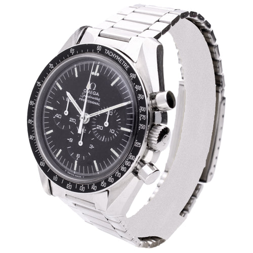 Stainless steel OMEGA Speedmaster ref 145.022 Professional chronograph wristwatch with 'Straight case writing'. Made 1971