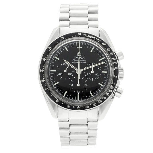 Stainless steel OMEGA ref. 145.022 Speedmaster 'Straight case writing' Professional chronograph wristwatch. Made 1971