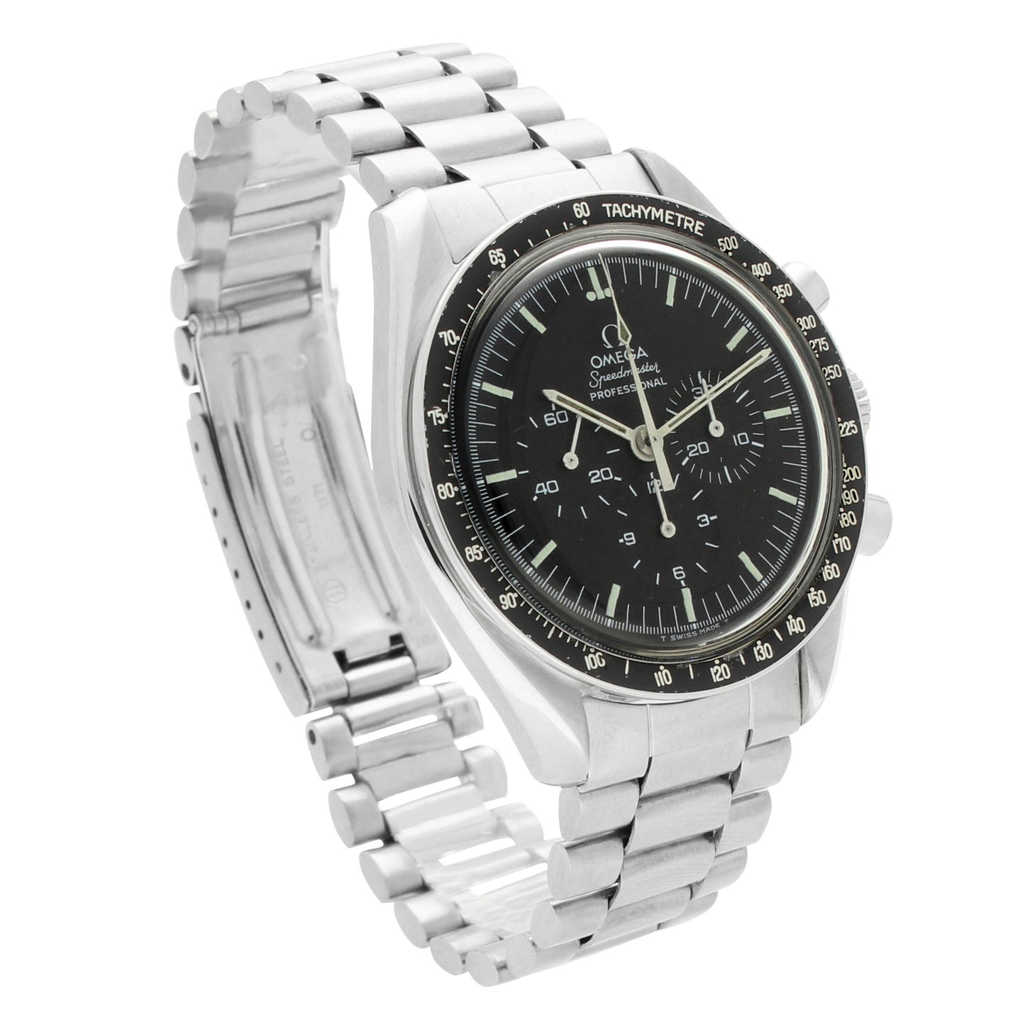 Stainless steel OMEGA ref. 145.022 Speedmaster 'Straight case writing' Professional chronograph wristwatch. Made 1971