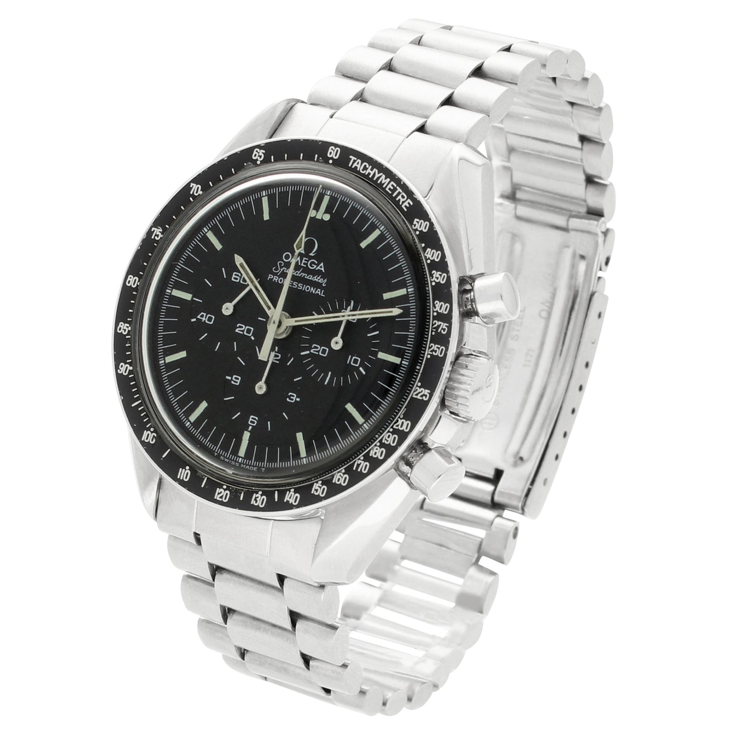 Stainless steel OMEGA ref. 145.022 Speedmaster 'Straight case writing' Professional chronograph wristwatch. Made 1971