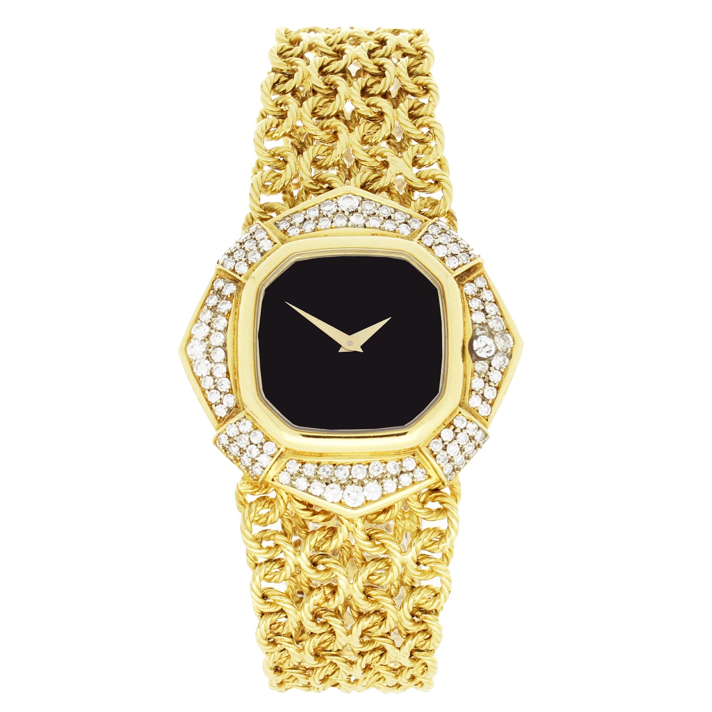 18ct yellow gold OMEGA diamond set bracelet watch. Made 1975