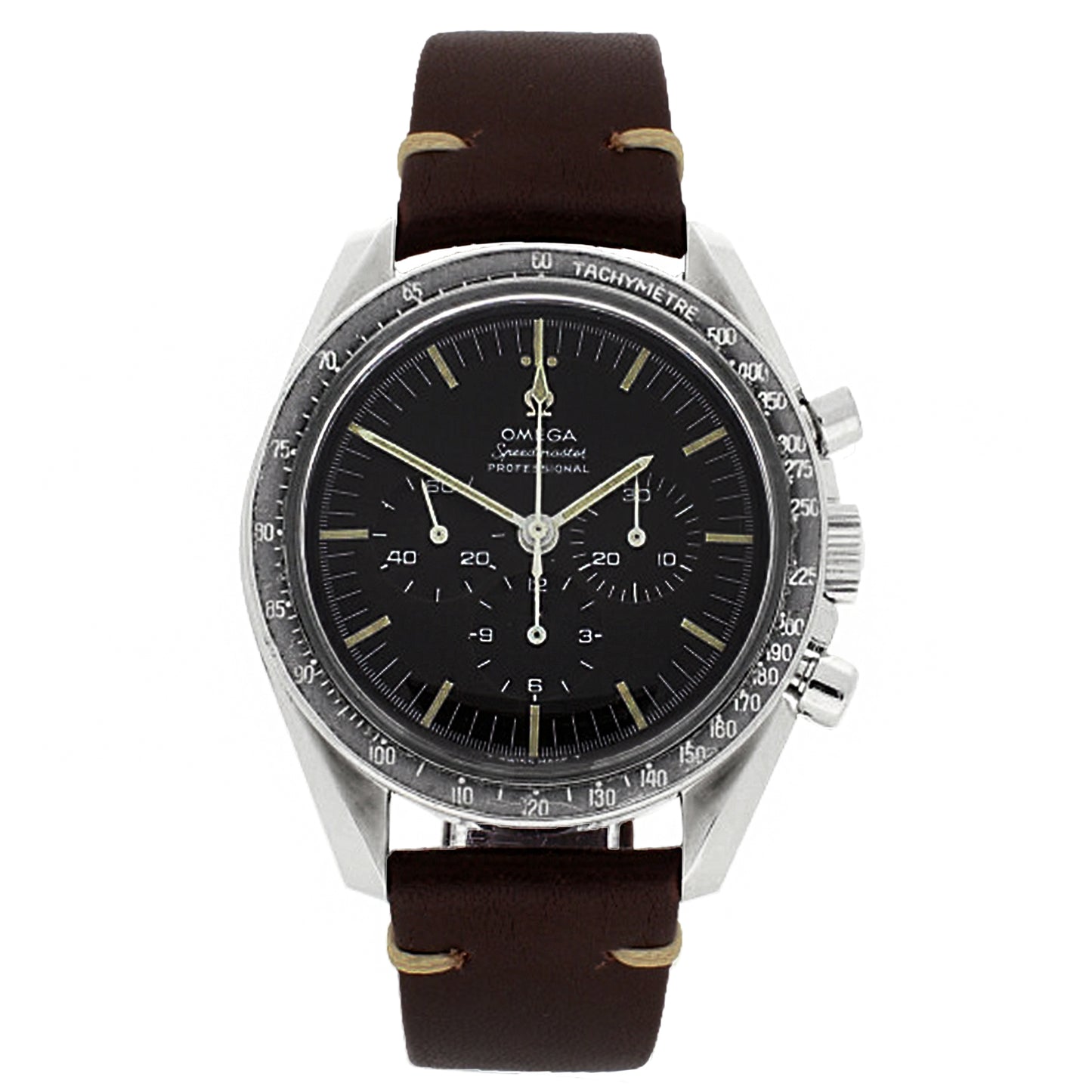 Stainless steel OMEGA ref. 105.012 Speedmaster professional chronograph wristwatch. Made 1968