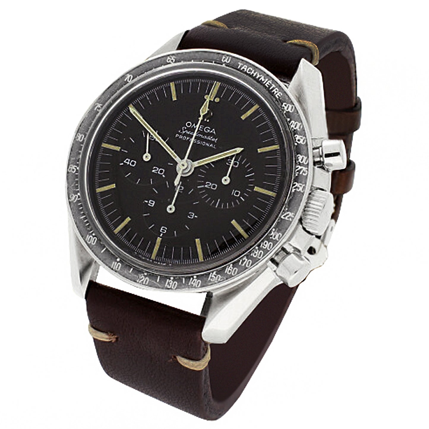 Stainless steel OMEGA ref. 145.012 Speedmaster 'Tropical dial' Professional chronograph wristwatch. Made 1968