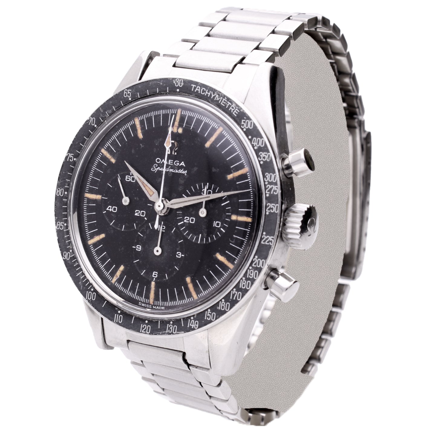 Stainless steel OMEGA ref. 105.002 'FAP' Speedmaster chronograph wristwatch. Made 1963