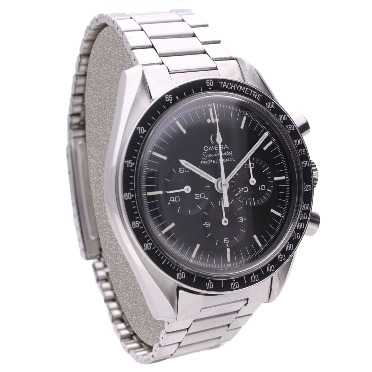 Stainless steel OMEGA Speedmaster Professional ref: 145.022 chronograph wristwatch. Made 1971