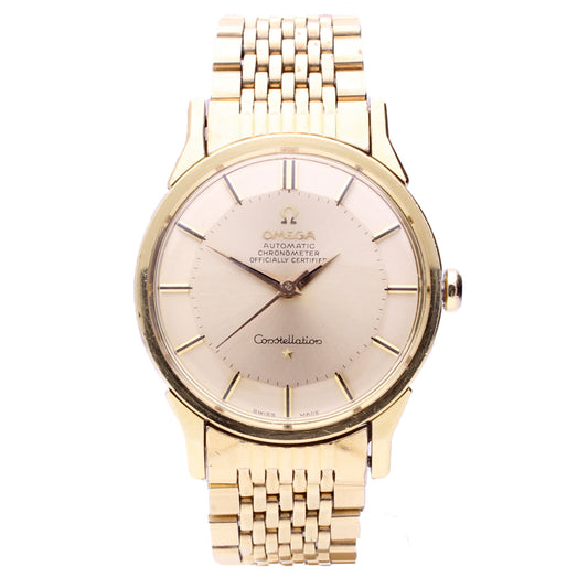 Gold plated OMEGA Constellation automatic chronometer wristwatch with gilt pie pan dial. Made 1968