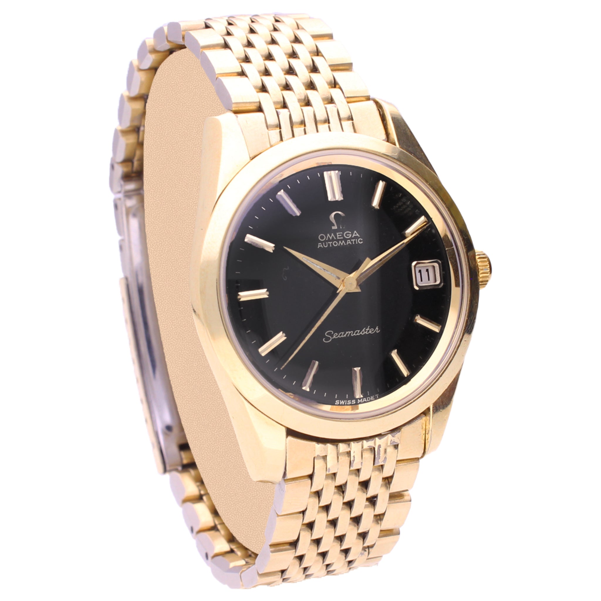 Gold plated OMEGA Seamaster automatic wristwatch with black dial and d