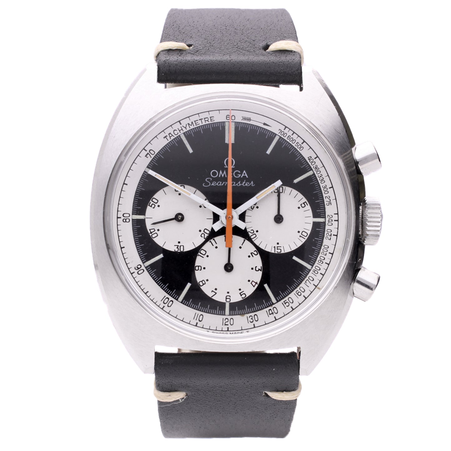 Stainless steel OMEGA Seamaster chronograph wristwatch with reverse 'Panda dial'. Made 1970