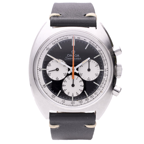 Stainless steel OMEGA Seamaster chronograph wristwatch with reverse 'Panda dial'. Made 1970