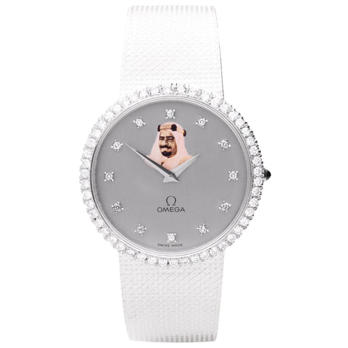 18ct white gold OMEGA automatic wristwatch with diamond set bezel & portrait of Sheikh Isa Bin Salman Al Khalifa. Made 1979