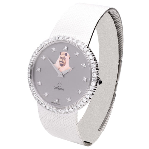 18ct white gold OMEGA automatic wristwatch with diamond set bezel & portrait of Sheikh Isa Bin Salman Al Khalifa. Made 1979
