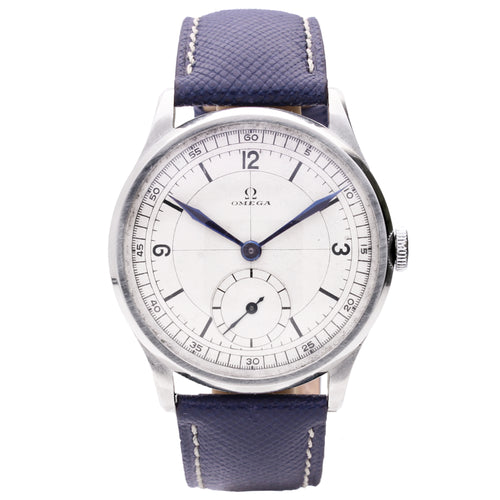 Stainless steel OMEGA wristwatch with sector dial. Made 1938