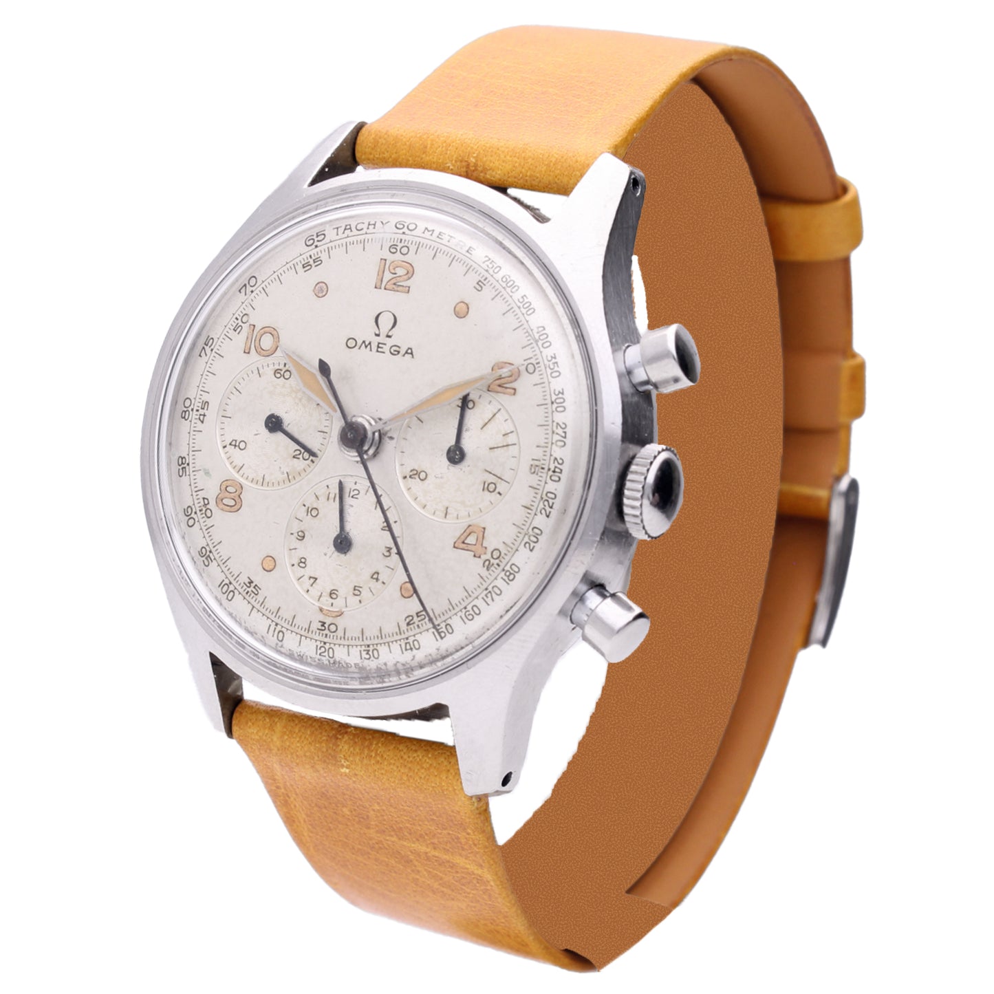 Stainless steel OMEGA chronograph wristwatch. Made 1953