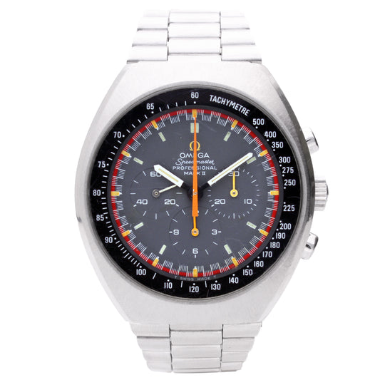 Stainless steel OMEGA Speedmaster Mark II 'Racing' chronograph wristwatch. Made 1972