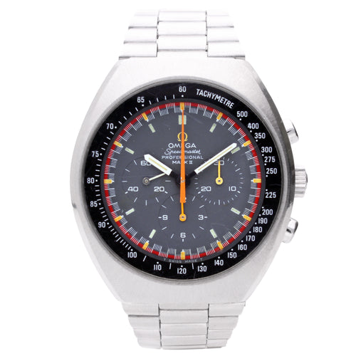 Stainless steel OMEGA Speedmaster Mark II 'Racing' chronograph wristwatch. Made 1972