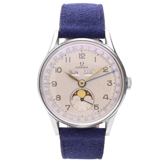 Stainless steel OMEGA Cosmic Triple Date Calendar wristwatch. Made 1948