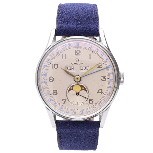 Stainless steel OMEGA Cosmic Triple Date Calendar wristwatch. Made 1948