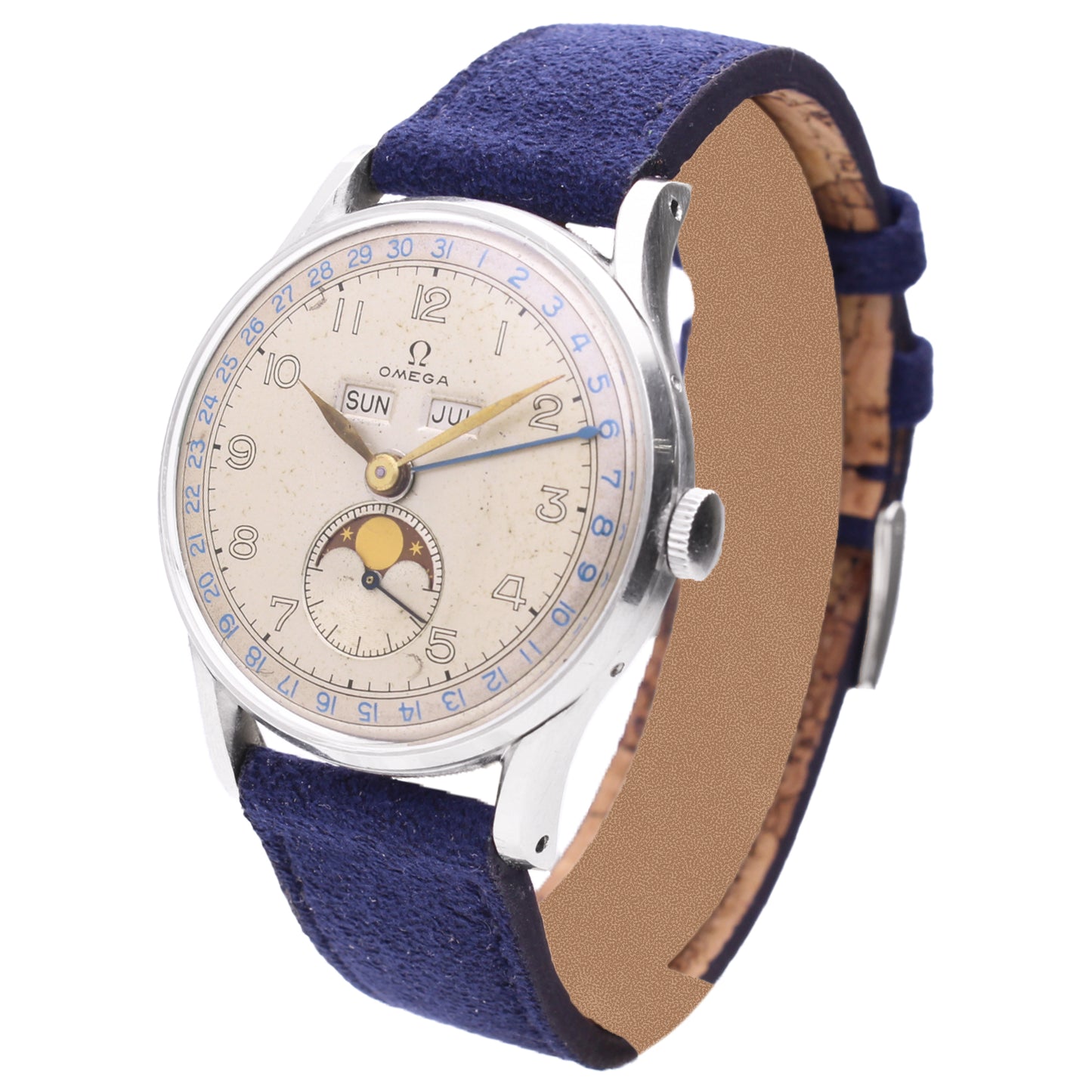Stainless steel OMEGA Cosmic Triple Date Calendar wristwatch. Made 1948
