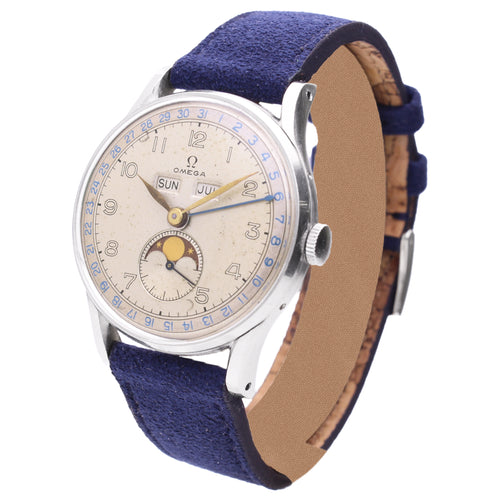 Stainless steel OMEGA Cosmic Triple Date Calendar wristwatch. Made 1948