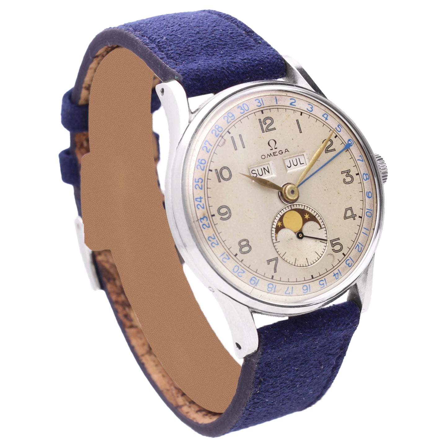 Stainless steel OMEGA Cosmic Triple Date Calendar wristwatch. Made 1948