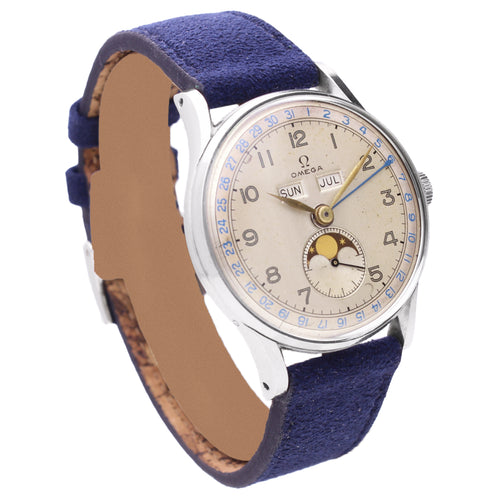 Stainless steel OMEGA Cosmic Triple Date Calendar wristwatch. Made 1948