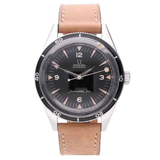 Stainless steel OMEGA 1st Generation Seamaster 300 automatic wristwatch (Enamel bezel). Made 1961