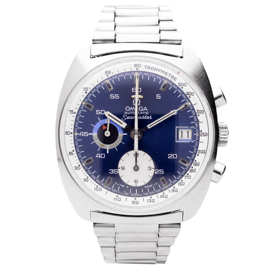 Stainless steel OMEGA Seamaster chronograph wristwatch with blue dial. Made 1973